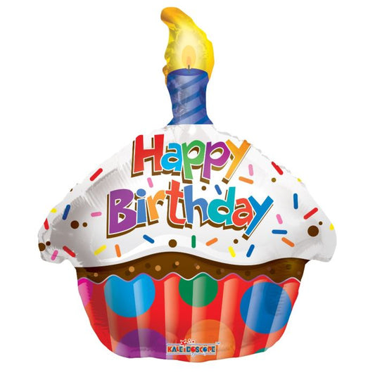 18" Happy Birthday Cup Cake Single Candle Foil Balloon